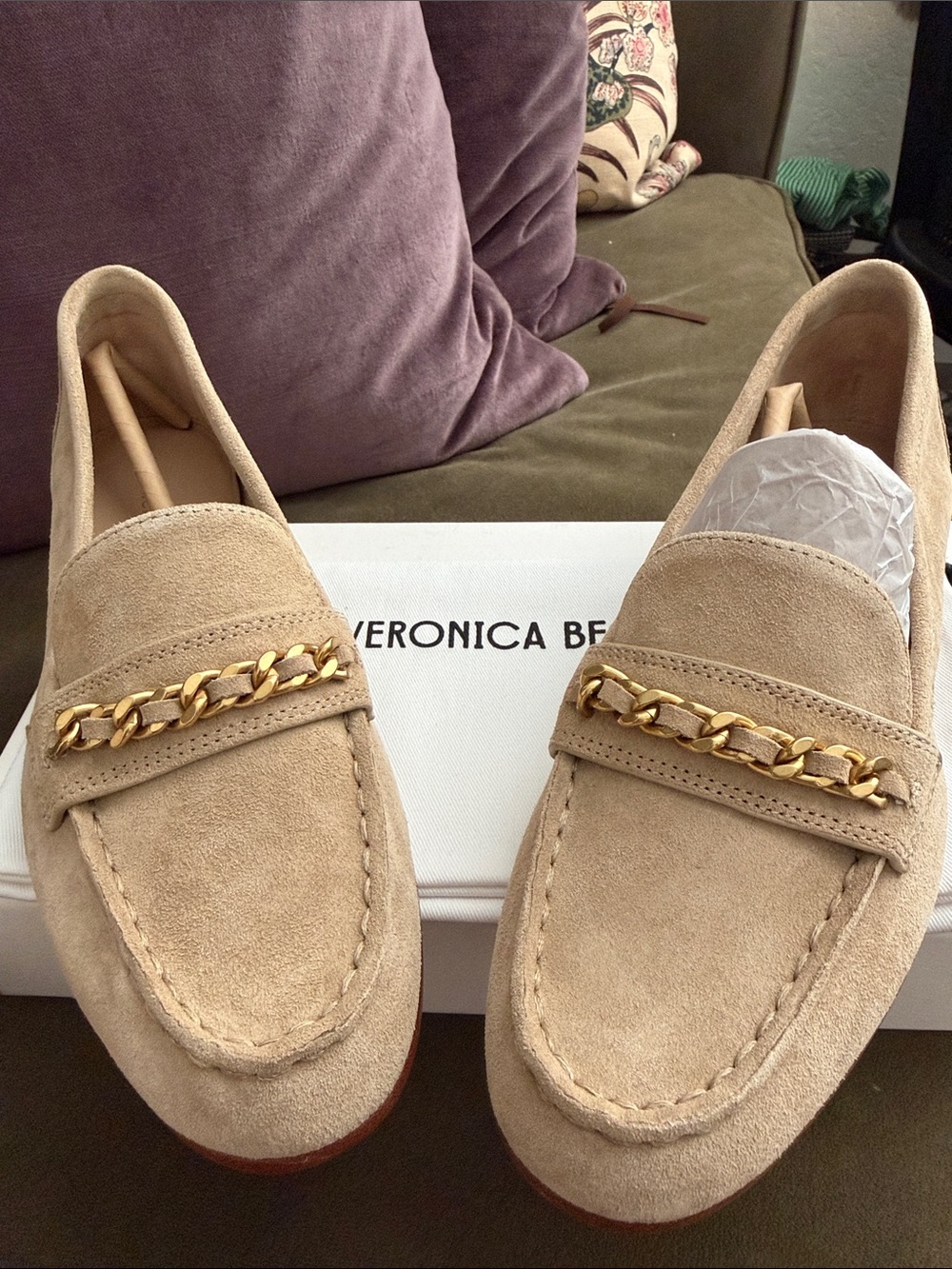 NWT Veronica Beard Beige Suede Loafers with Gold Chain
